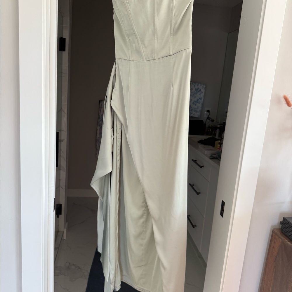 V Chapman June Corset Elegant Strapless Satin Dress in Sage Green - Picture 9 of 15